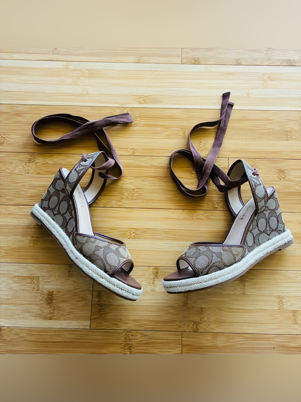 Coach Brown Signature Canvas Espadrille Wedge Sandals